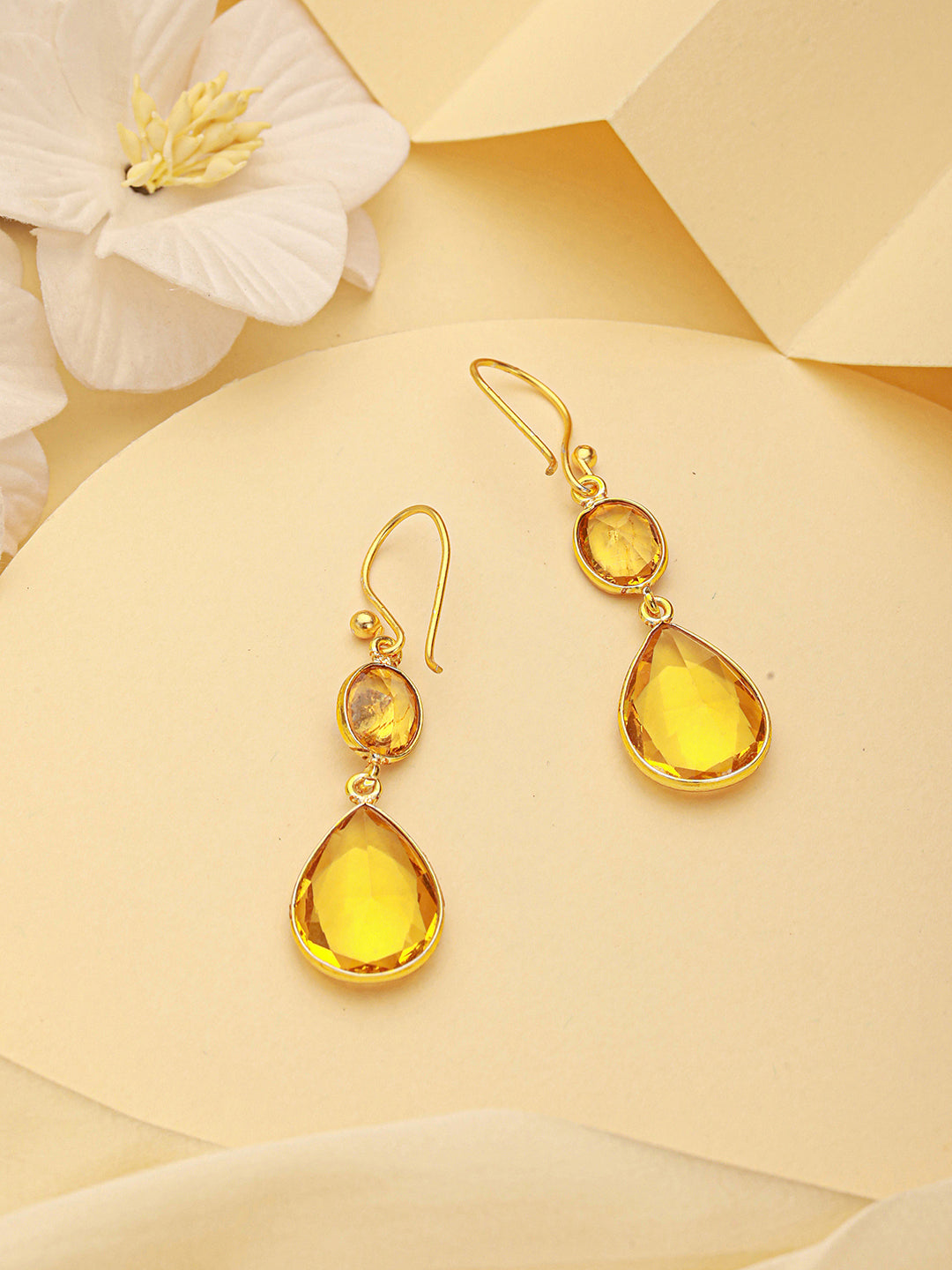 Gold-Toned Yellow Crystal Teardrop Dangler Earrings