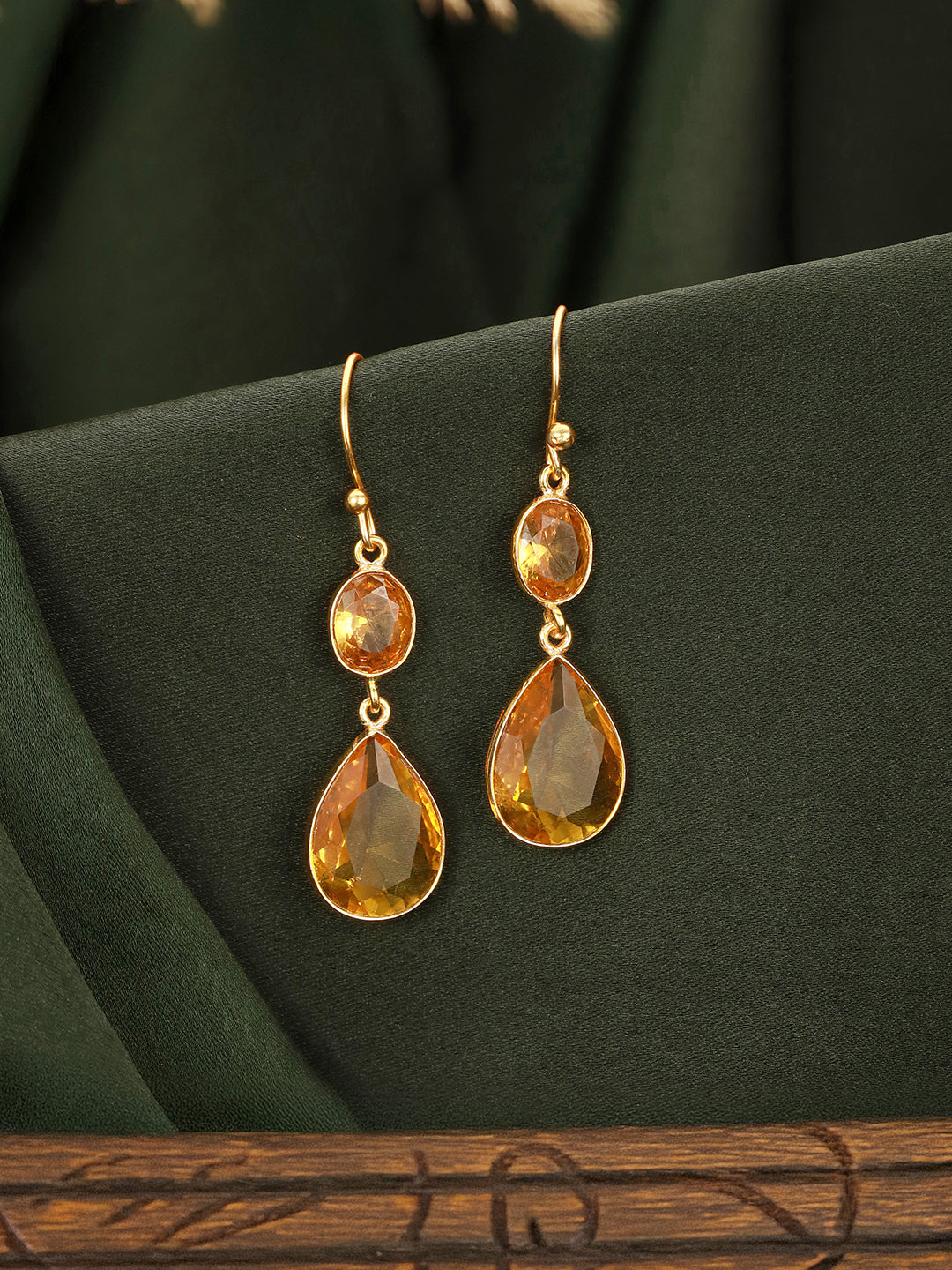 Gold-Toned Yellow Crystal Teardrop Dangler Earrings