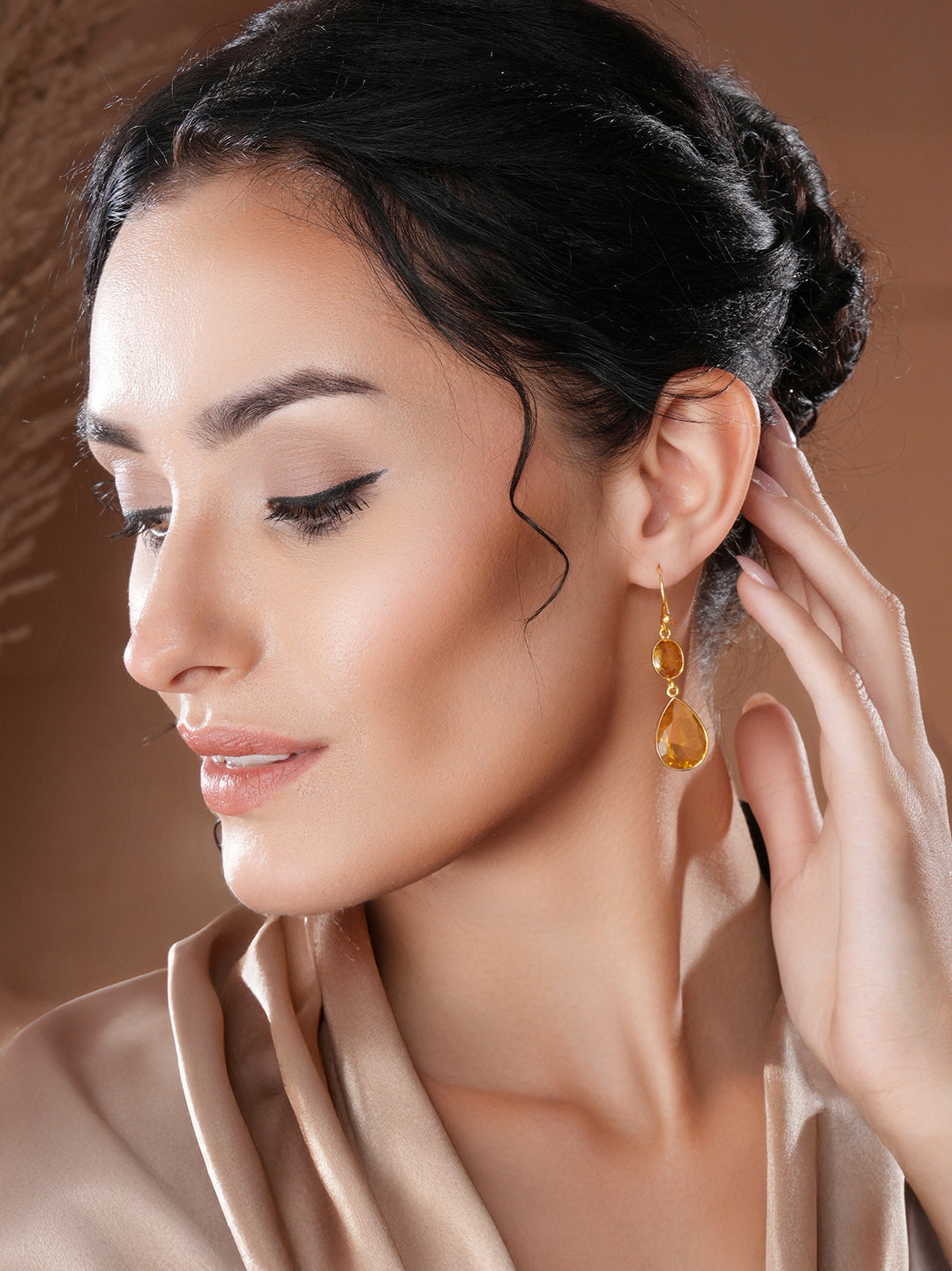 Gold-Toned Yellow Crystal Teardrop Dangler Earrings