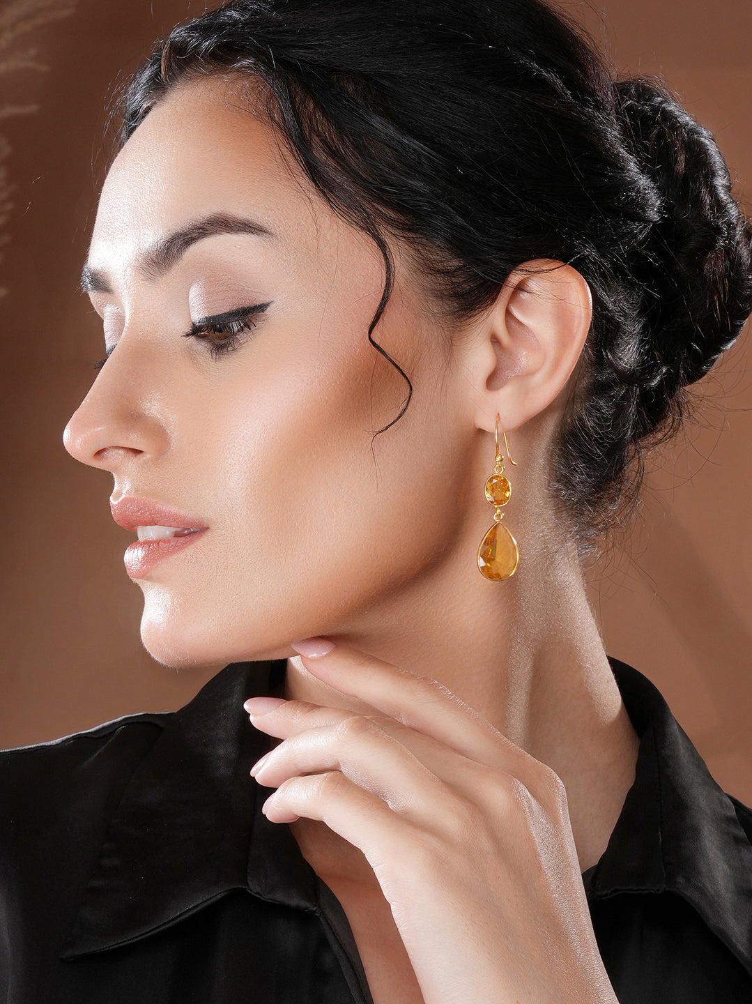 Gold-Toned Yellow Crystal Teardrop Dangler Earrings