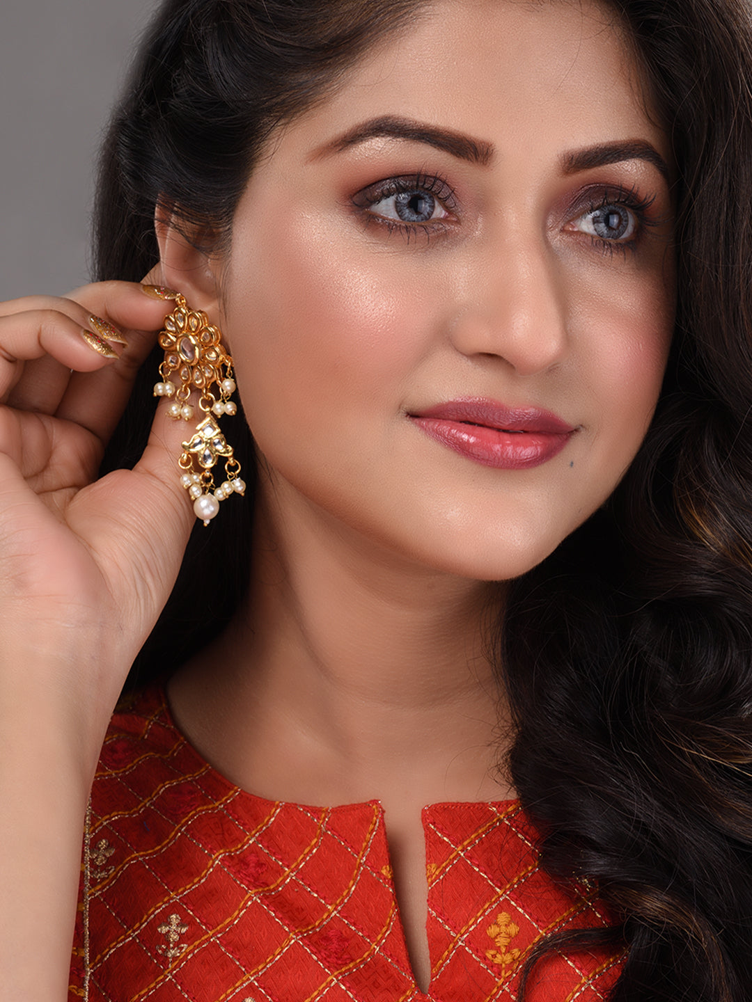 Gold Plated Kundan Studded & pearl BeadedFloral Drop Earrings