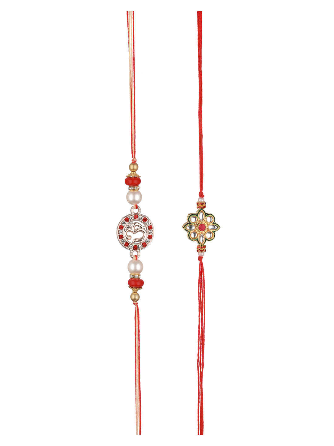 Set of 2 Kundan Studded OM Thread Rakhi with 10 gram Radhe Krishna round 999 Round Silver Coin