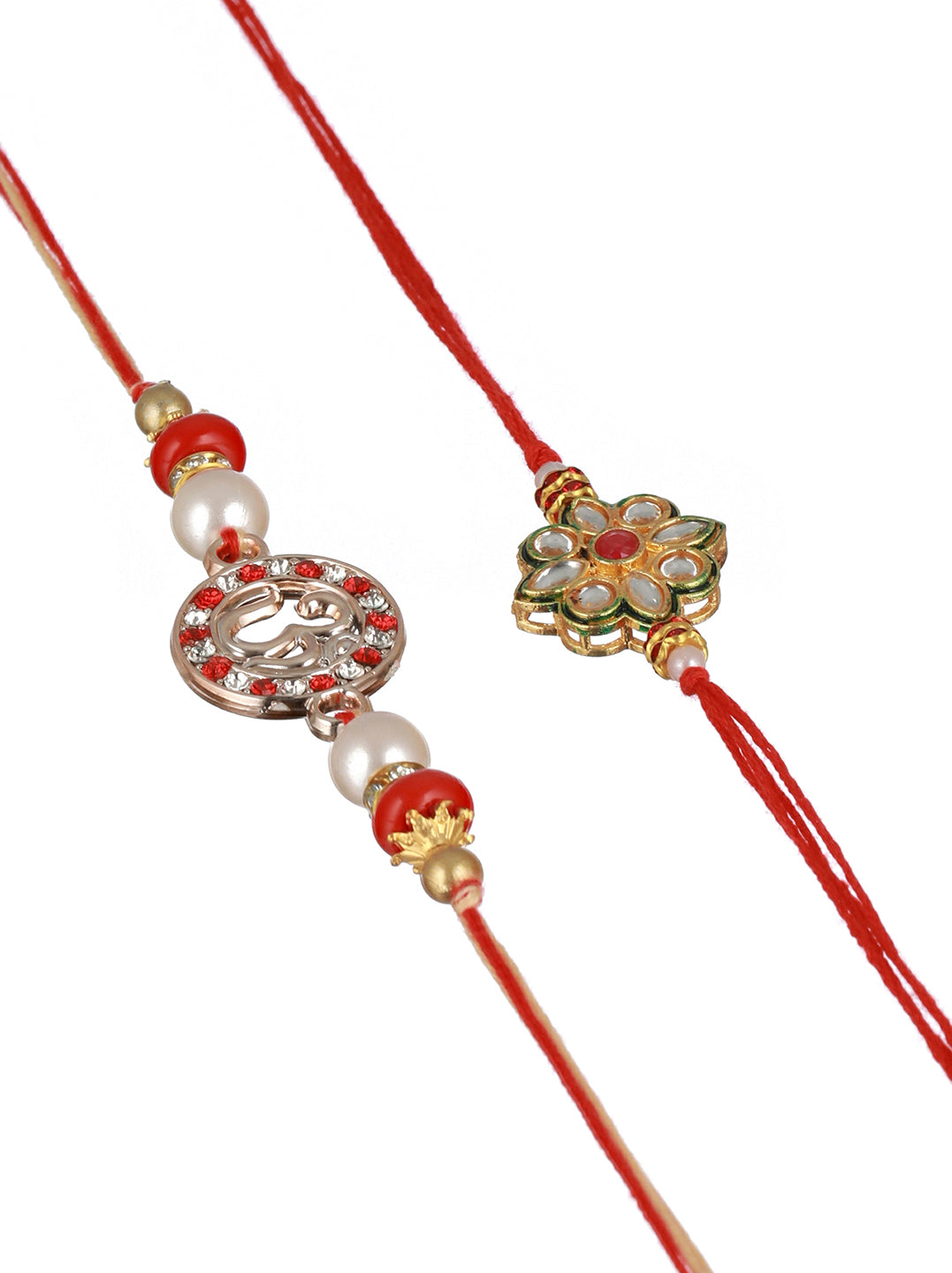 Set of 2 Kundan Studded OM Thread Rakhi with 10 gram Radhe Krishna round 999 Round Silver Coin