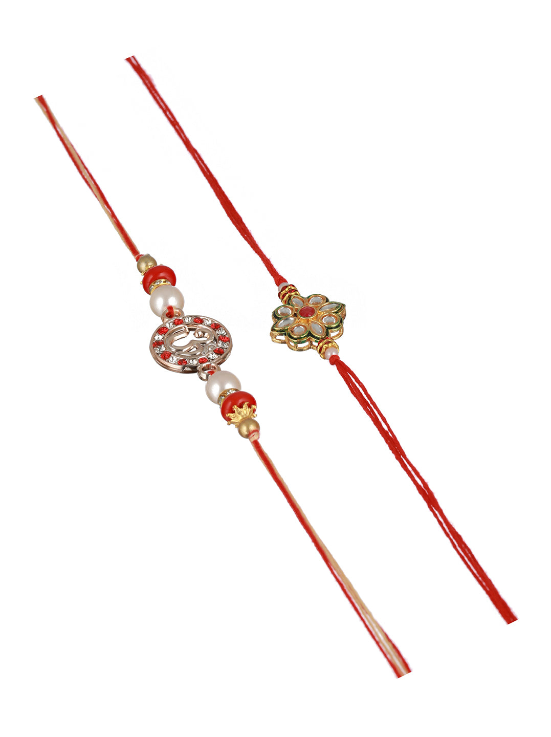 Set of 2 Kundan Studded OM Thread Rakhi with 10 gram Radhe Krishna round 999 Round Silver Coin