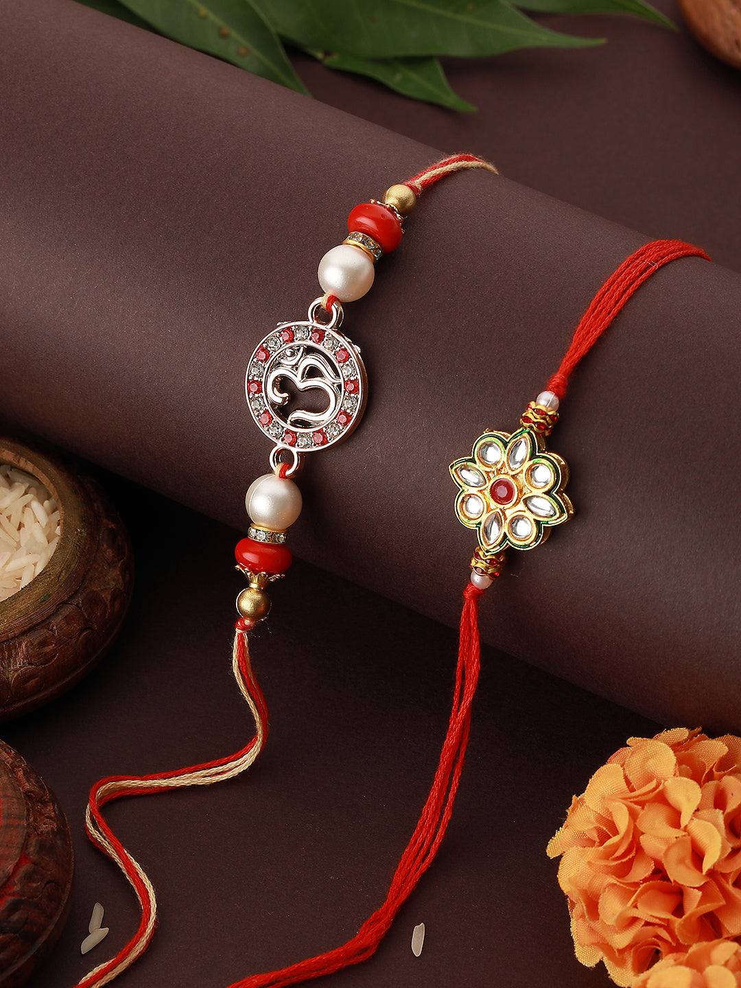 Set of 2 Kundan Studded OM Thread Rakhi with 10 gram Radhe Krishna round 999 Round Silver Coin