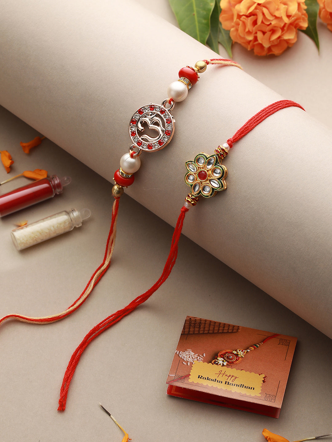 Set of 2 Kundan Studded OM Thread Rakhi with 10 gram Radhe Krishna round 999 Round Silver Coin