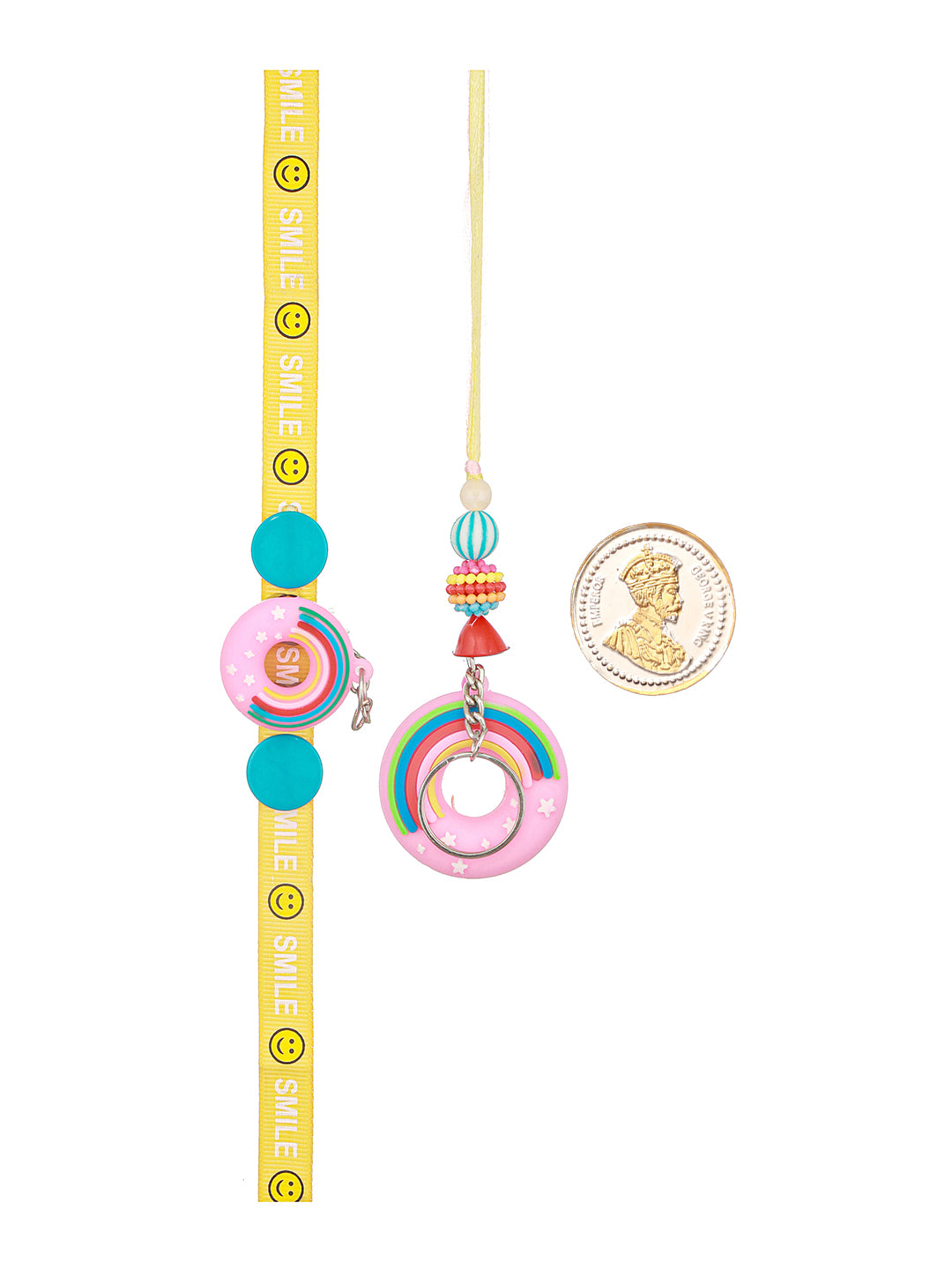 Set of 2 Boy & Girl Donut Key Chain Toy Rakhi with 999 Pure Silver King George 1 gram Silver Coin