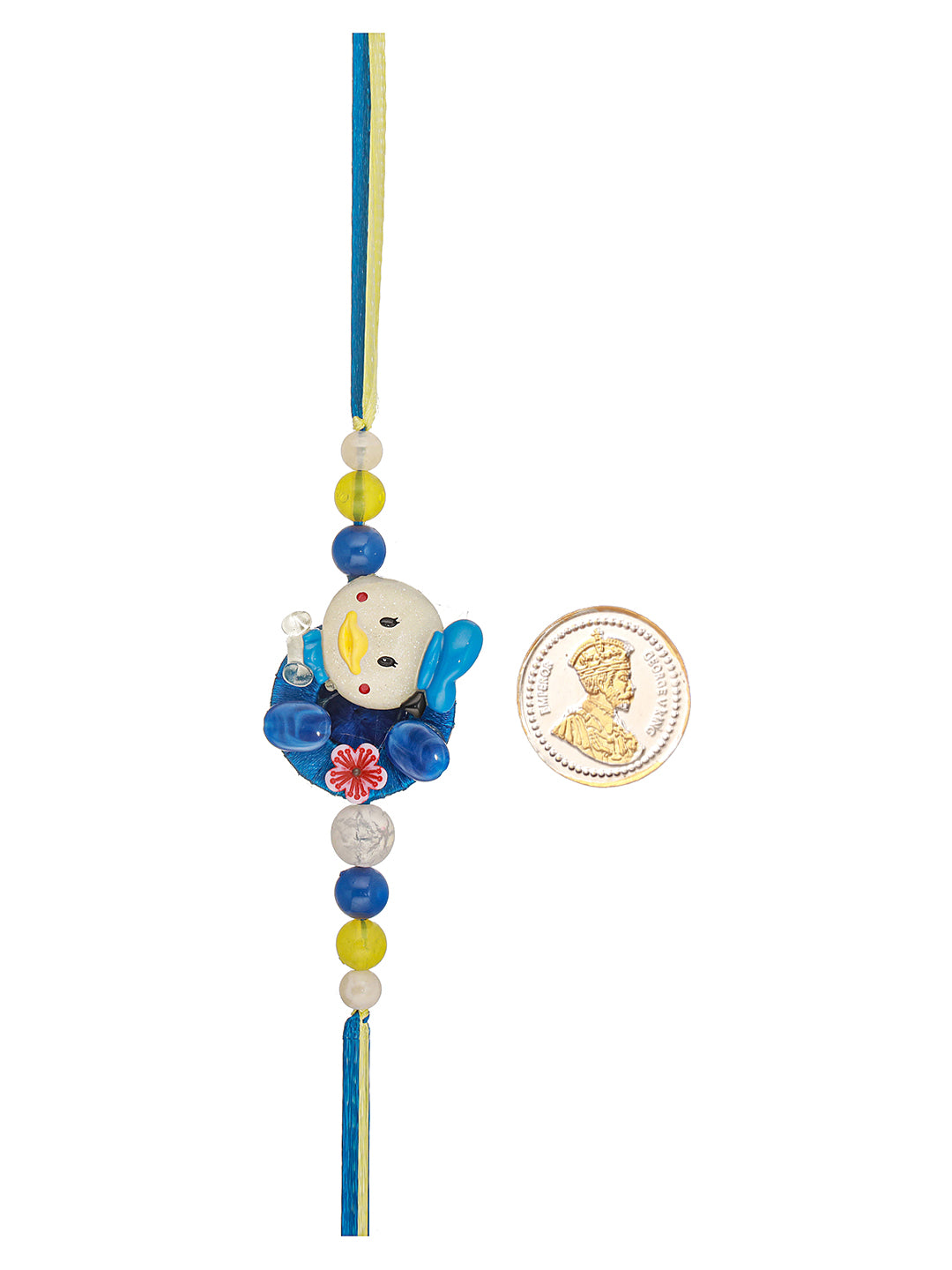 Blue Donald Duck Toy Ribbon Handcrafted Rakhi for Boys or Girls with 999 Pure Silver King George 1 gram Silver Coin