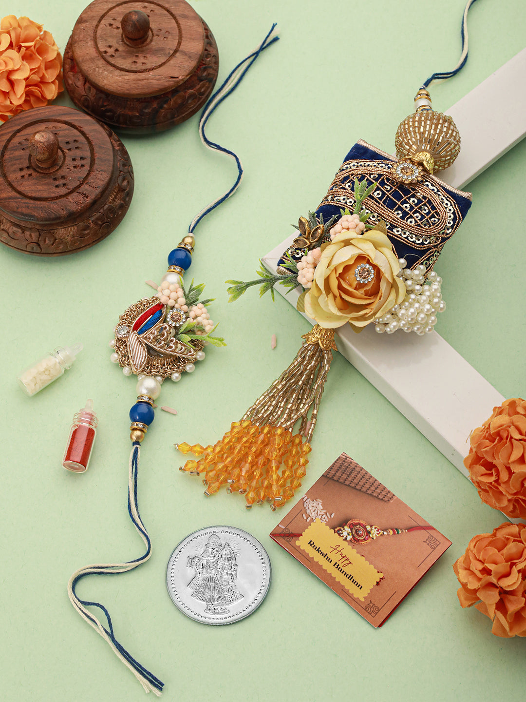 Set of 2 Kundan & Pearl Beaded Designer Rakhi with 10 gram Radhe Krishna round 999 Round Silver Coin