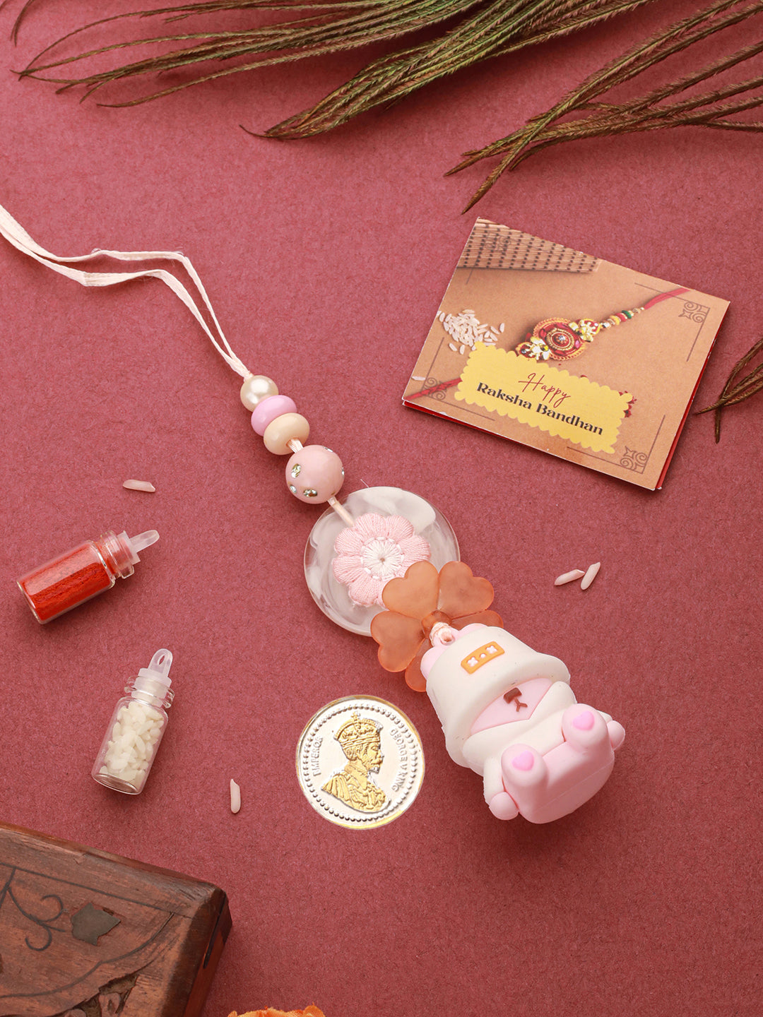 Cute Pink Doll Toy Rakhi Lumba for Girls with 999 Pure Silver King George 1 gram Silver Coin