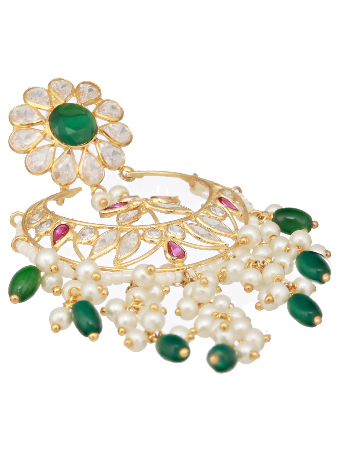 24K Gold Plated Red & Green Kundan & Pearl Beaded Bridal Chandbali Designer Earring