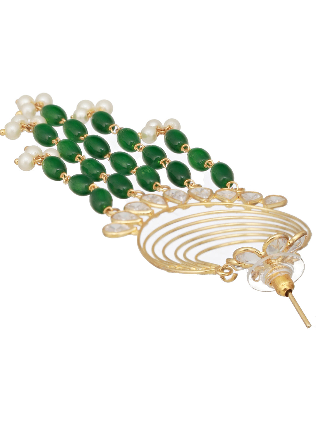 24K Gold Plated Kundan & Green Pearl Beaded Light Weight Bridal Floral Chandbali Earrings