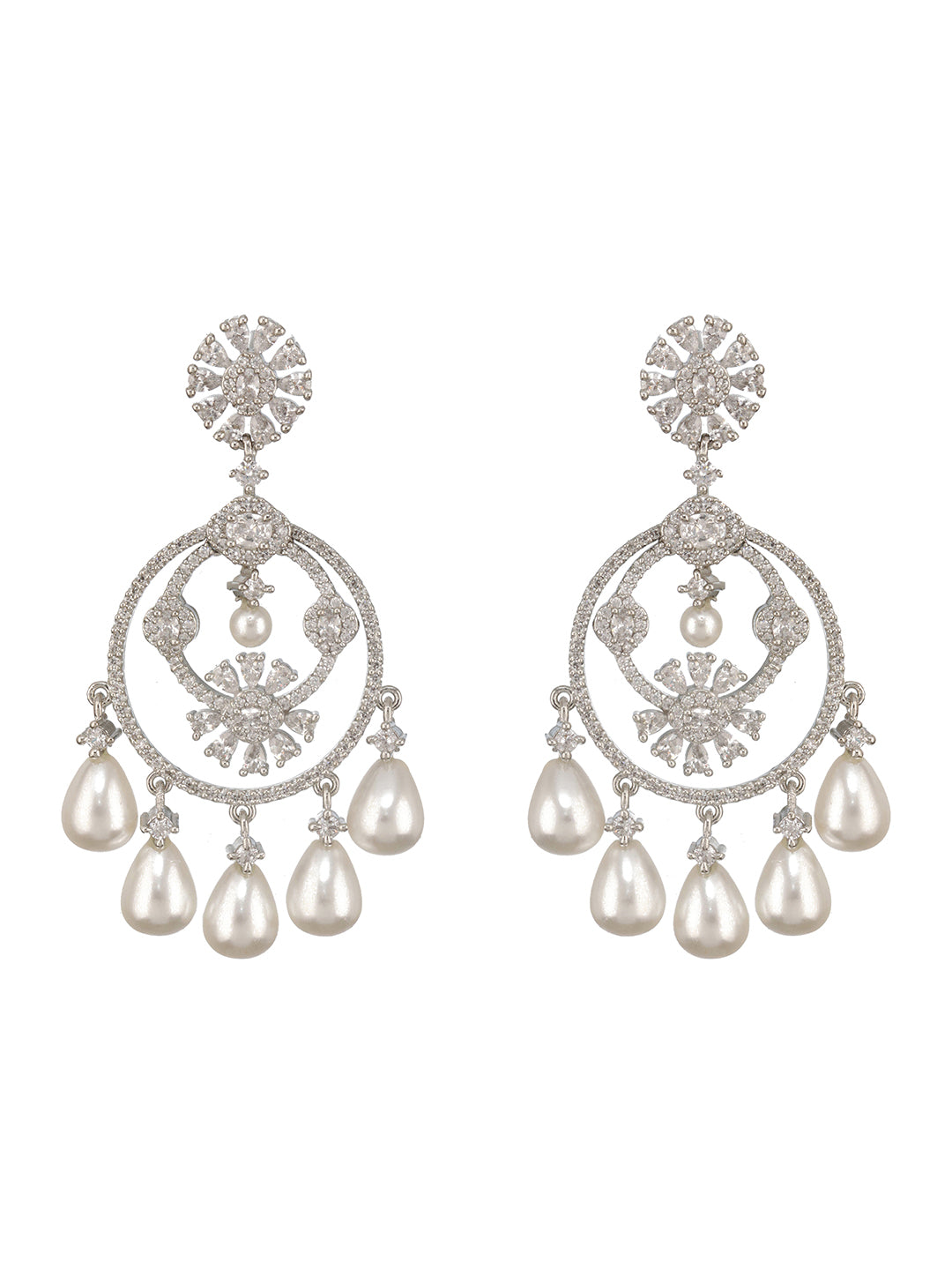 Silver Plated CZ Studded & Pearl Beaded Delicate Dangler Chandbali Earrings