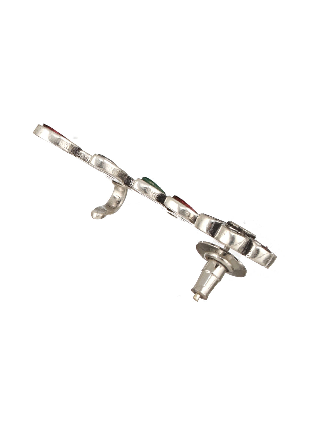 Oxidised Silver Plated Red Stone Studded Floral Ear Cuff Earrings