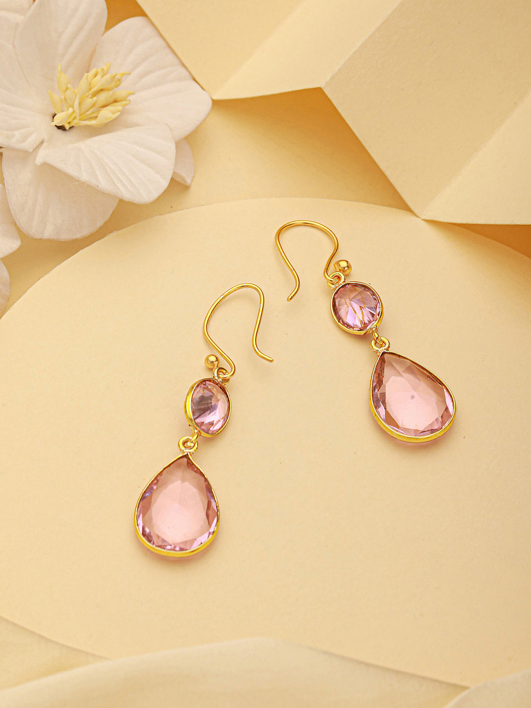 Gold Toned Blush Pink Cyrstal tear drop dangler shaped minimal Earrings