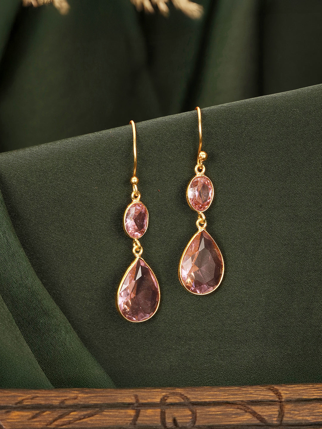 Gold Toned Blush Pink Cyrstal tear drop dangler shaped minimal Earrings