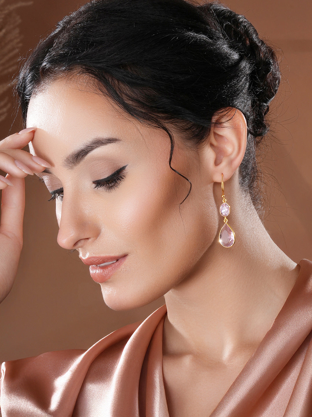 Gold Toned Blush Pink Cyrstal tear drop dangler shaped minimal Earrings