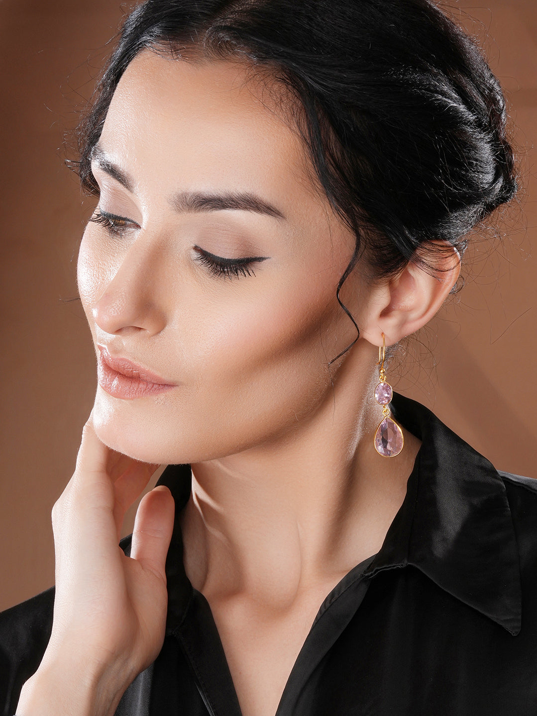 Gold Toned Blush Pink Cyrstal tear drop dangler shaped minimal Earrings