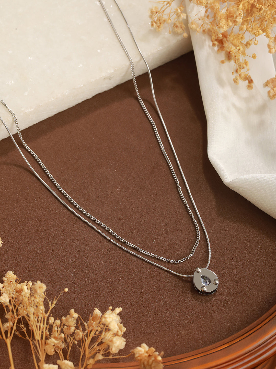 Anti-Tarnish Rhodium Plated Layered Shiny Stone Necklace & Chain