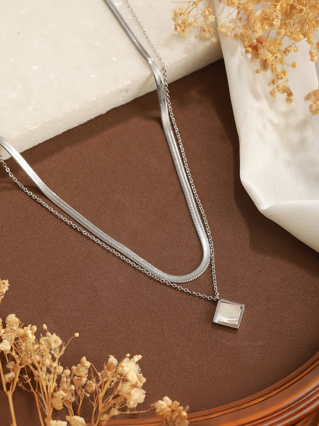 Anti-Tarnish Steel Rhodium Plated layered Snake Chain Faux Pearl Studded Necklace & Chain