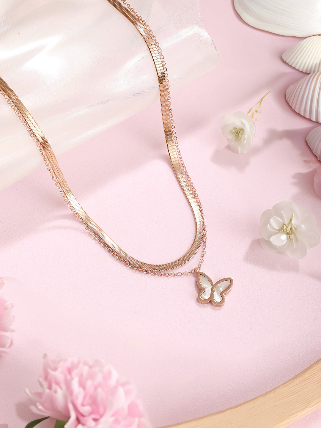 Anti-Tarnish Rose Gold Polish Layered Snake Chain Butterfly Necklace & Chain