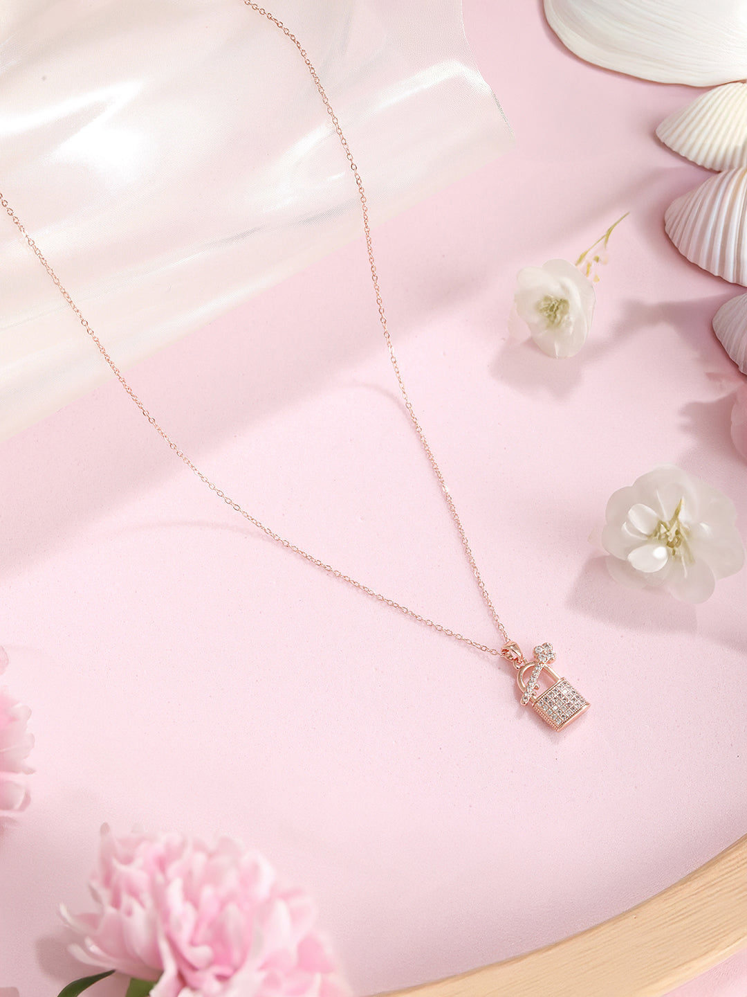 Anti-Tarnish Rose Gold Plated AD Studded Lock & Key Pendant Minimal Necklace & Chain