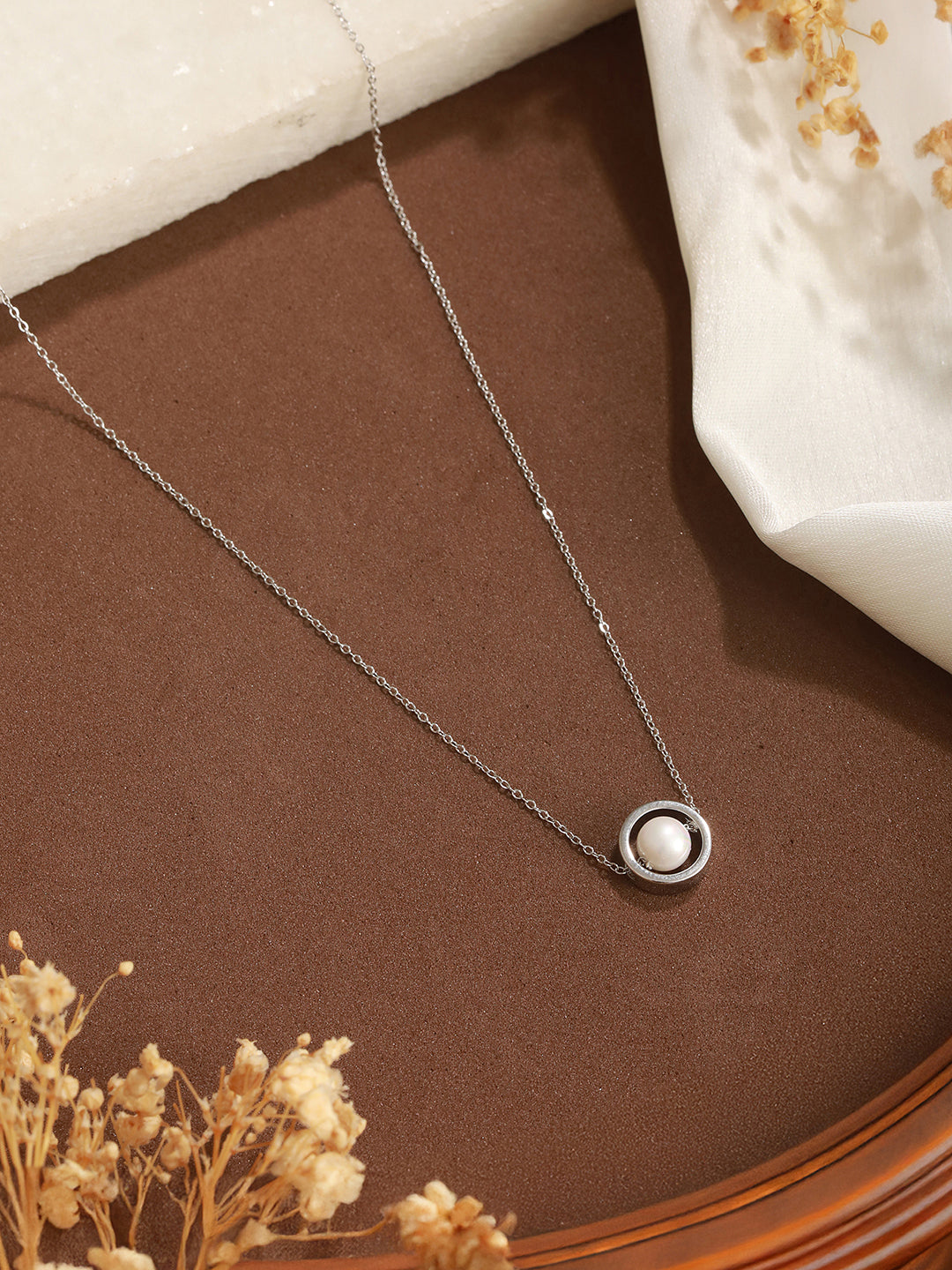 Anti-Tarnish Rhodium Plated Minimal Orbital Pearl Necklace & Chain