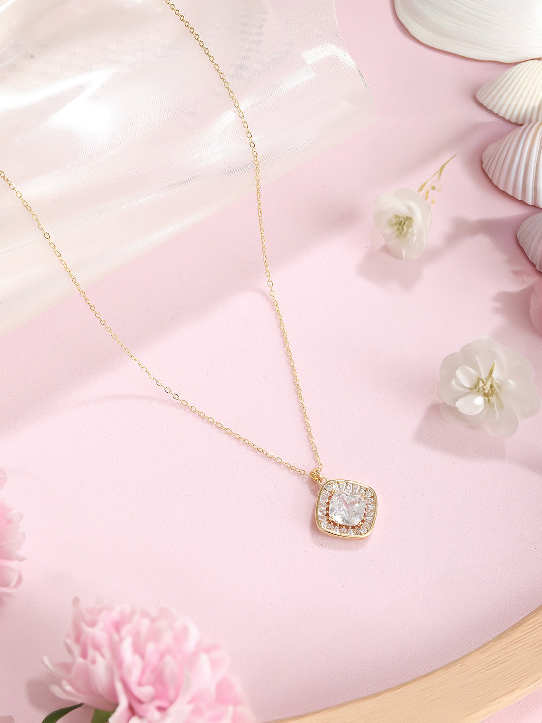 Anti-Tarnish Gold Toned  Minimal Solitaire Crystal Pendant Necklace & Chain