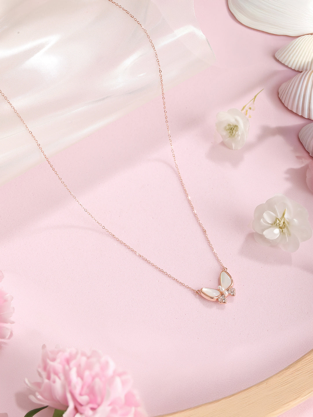 Anti-Tarnish Rose Gold Toned AD Studded Minimal Butterfly Pendant Necklace & Chain