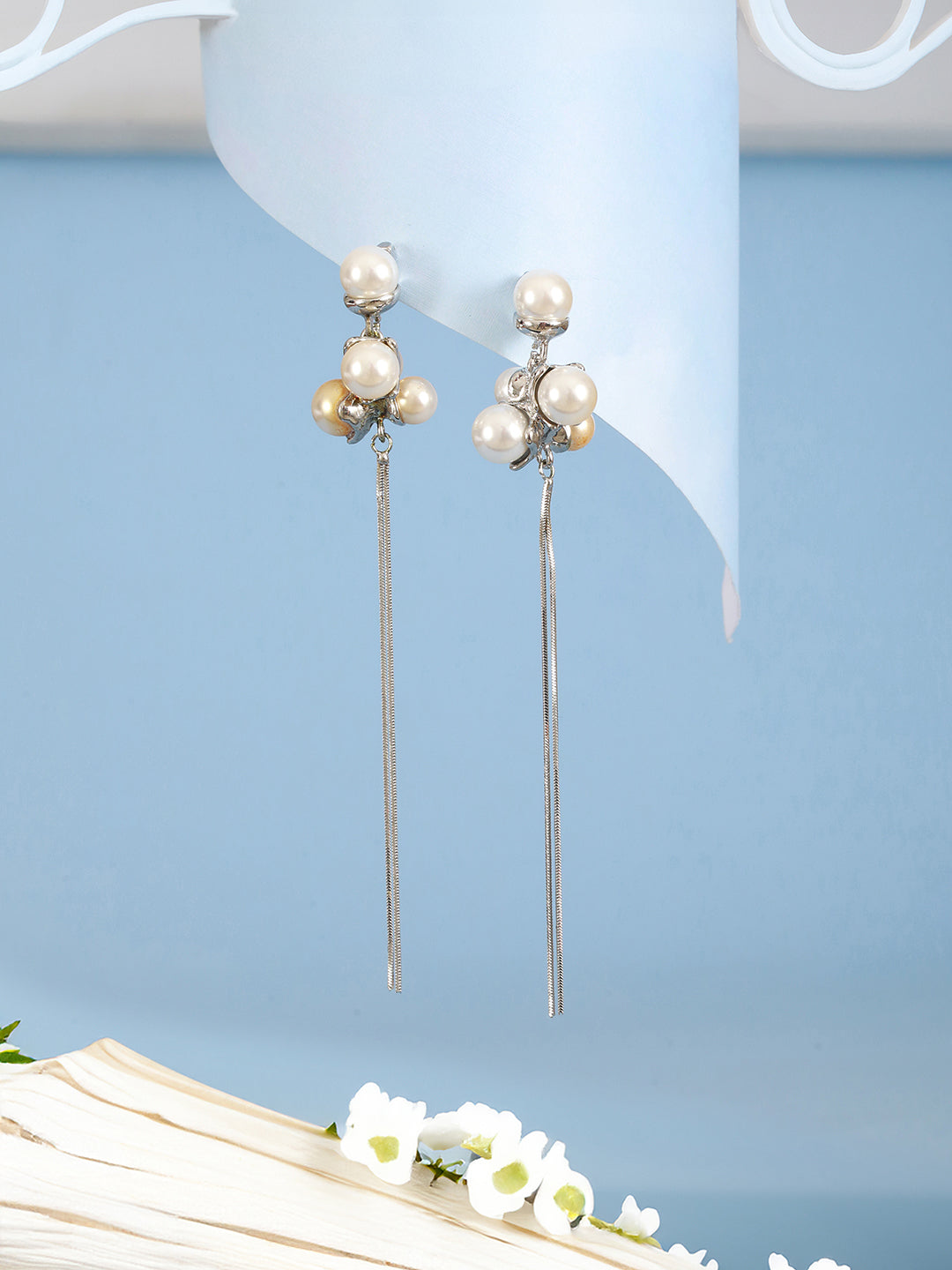 Anti-Tarnish Pearl Bunch Designer Long Chain Drop Studs Earrings