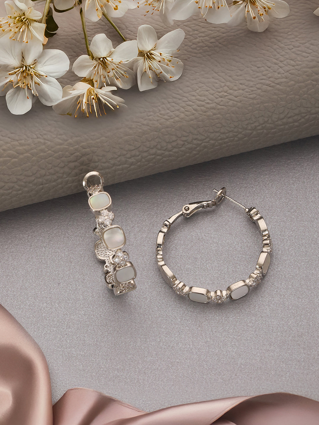 Anti-Tarnish Rhodium Plated Faux Pearl AD Studded hoop Bali Earrings