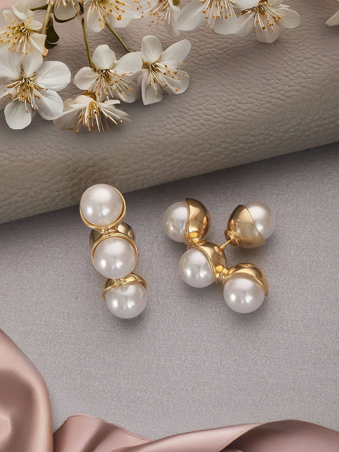 Anti-Tarnish Pearl Bunch Designer Double Sided Drop Studs Earrings