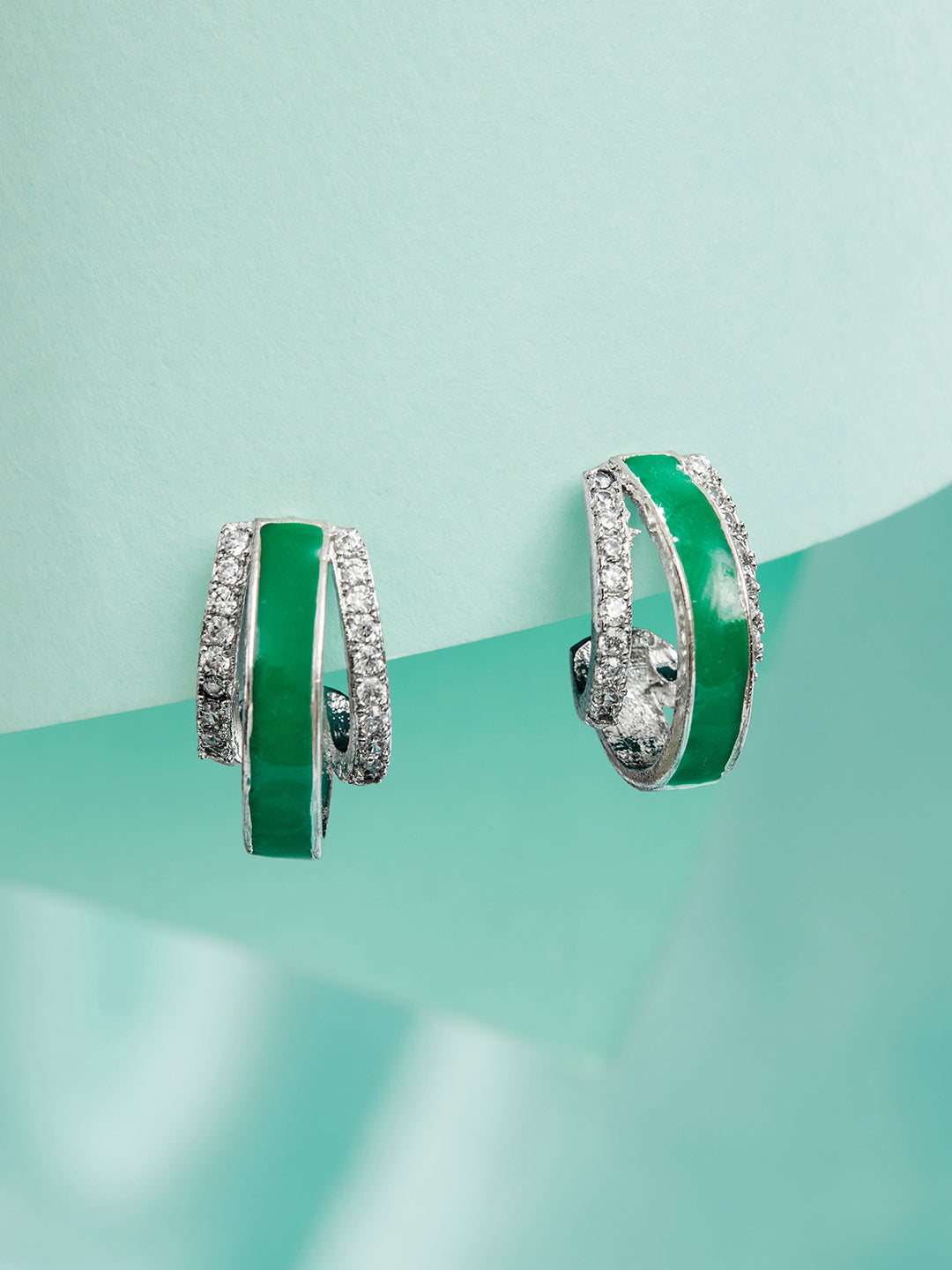 Silver Plated Green Enamelled AD Studded Bali Hoop earrings