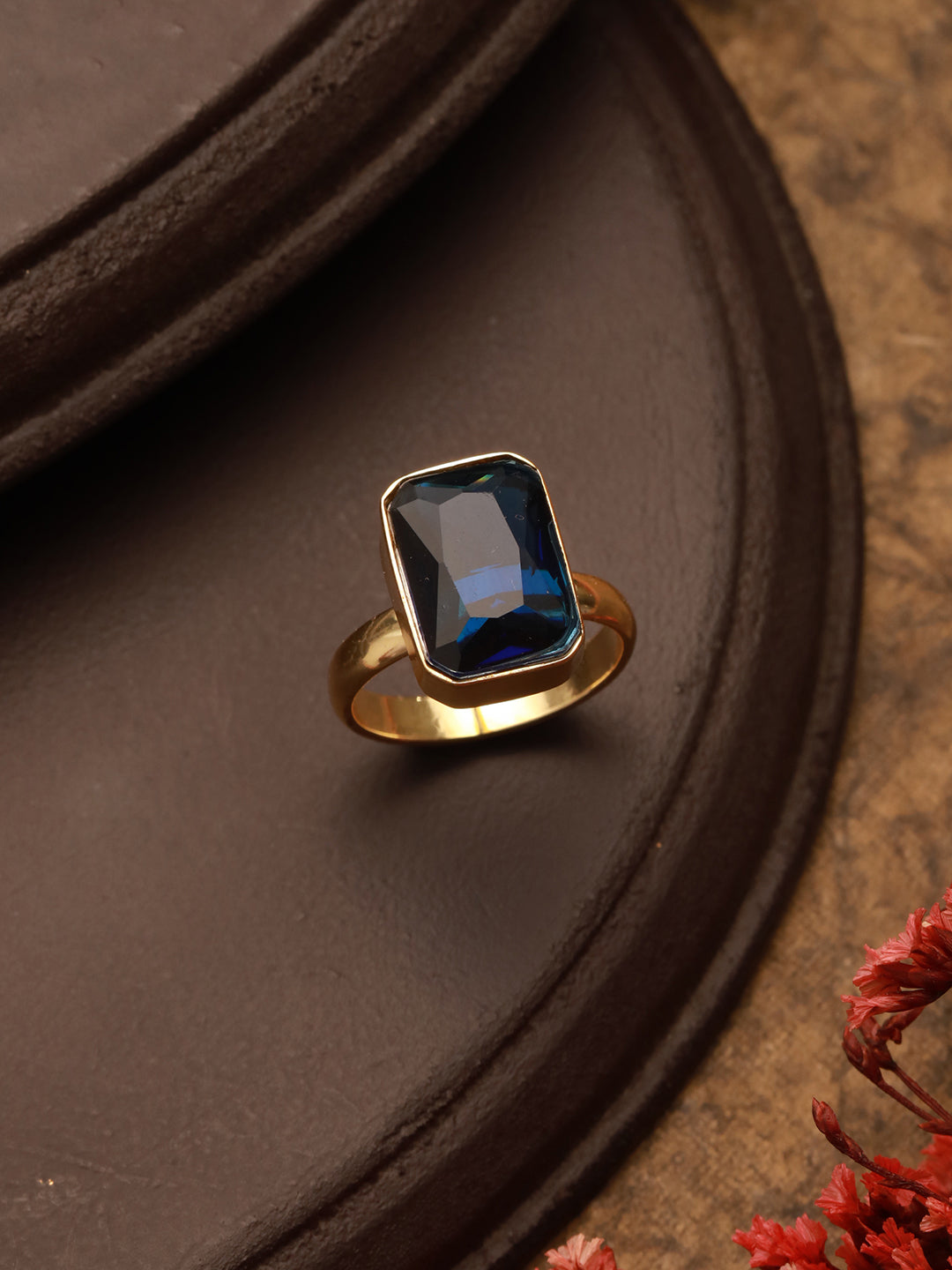 Gold plated Sapphire Blue Rectangular Minimal Adjustable Finger Ring