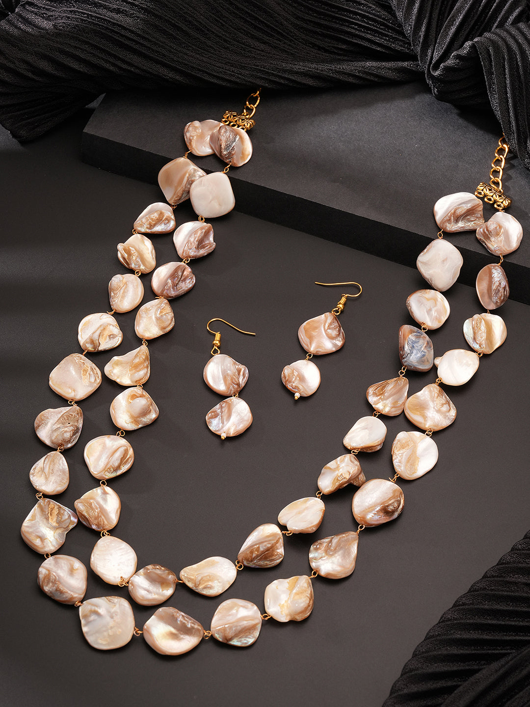 Beige Natural Stoned Beaded  Embedded Double Layered Trendy Maala Necklace jewellery Set
