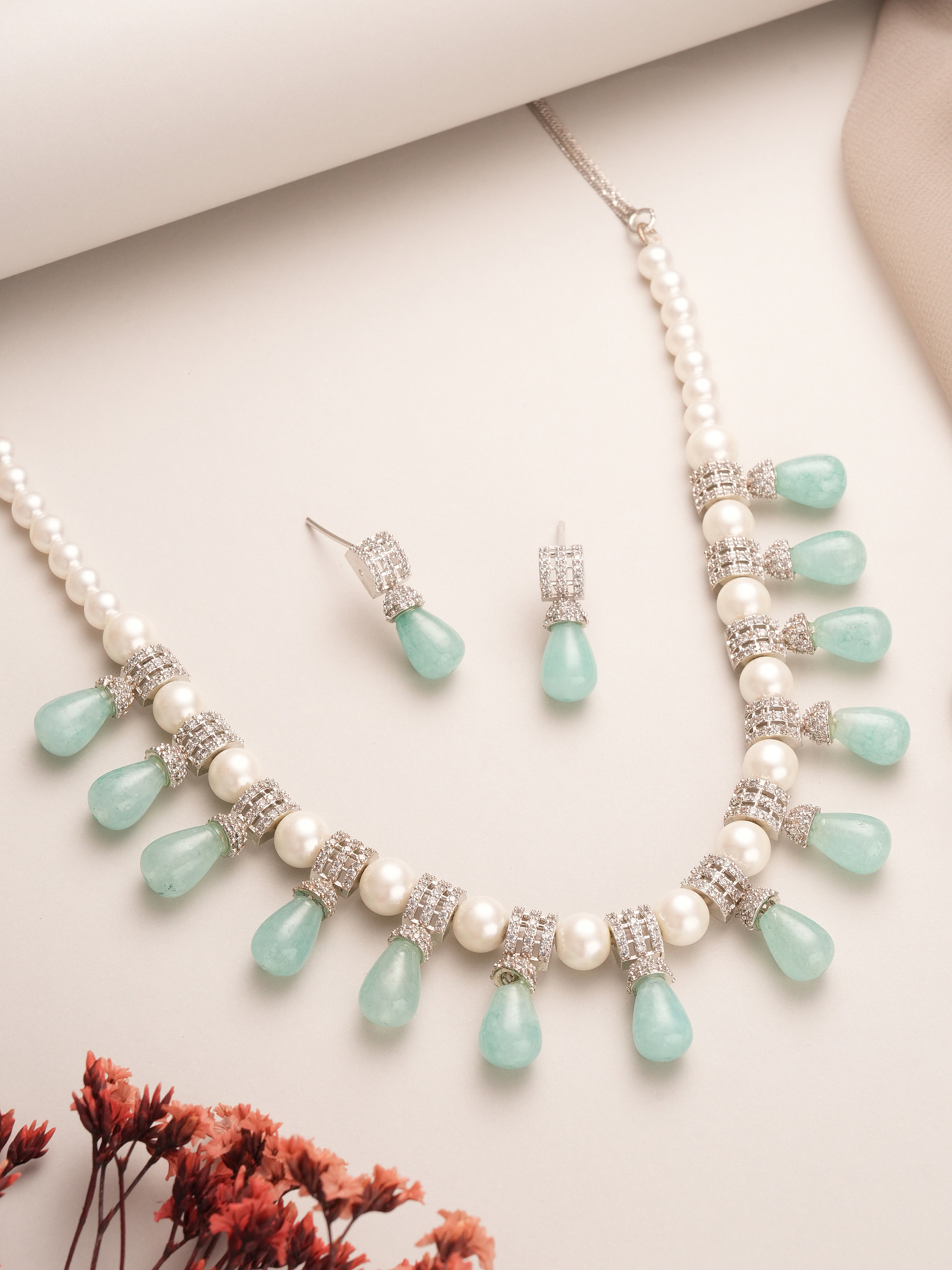 Zircon AD Studded Pearl & Mint Beads Beaded Designer Statement Jewellery Set