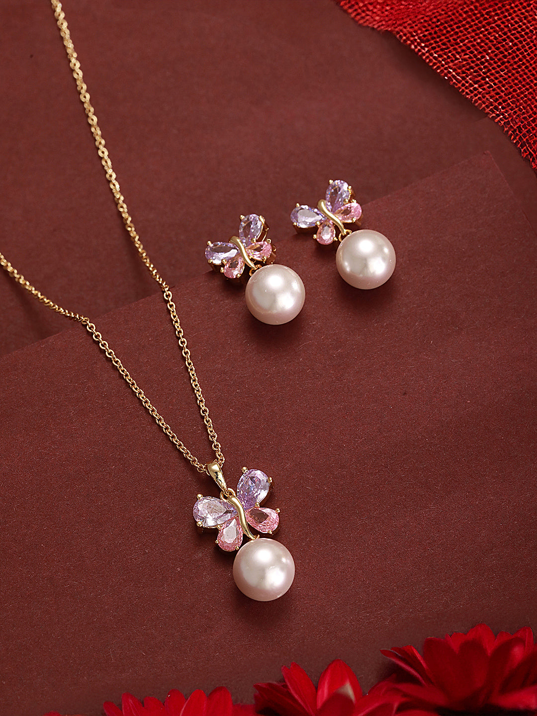 Elegant Butterfly Pearl Pendant Necklace & Earrings Set for Women