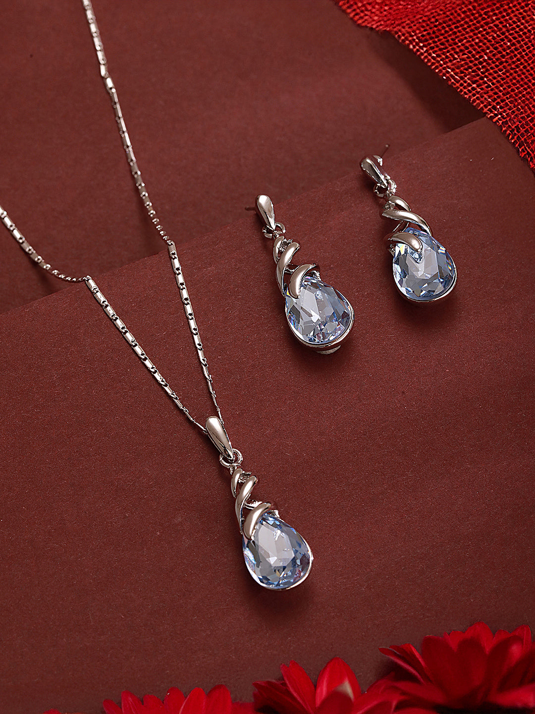 Elegant Blue Teardrop Pendant Necklace & Earrings Set