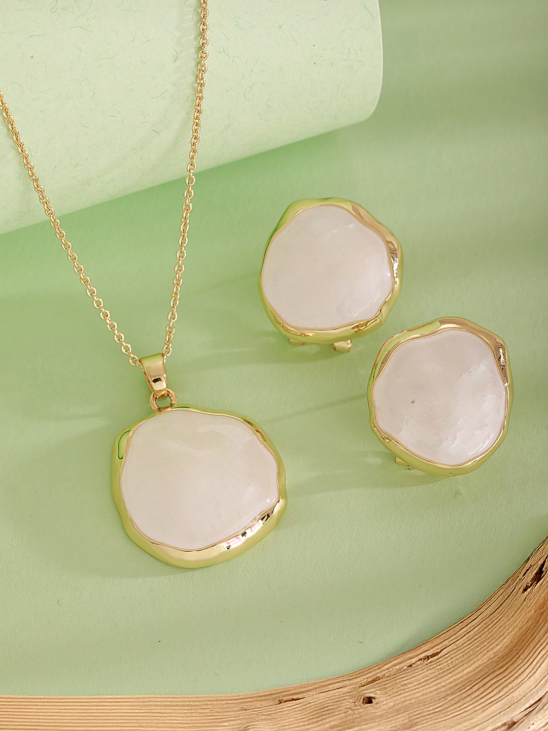 Elegant White Stone Pendant Necklace & Earrings Set