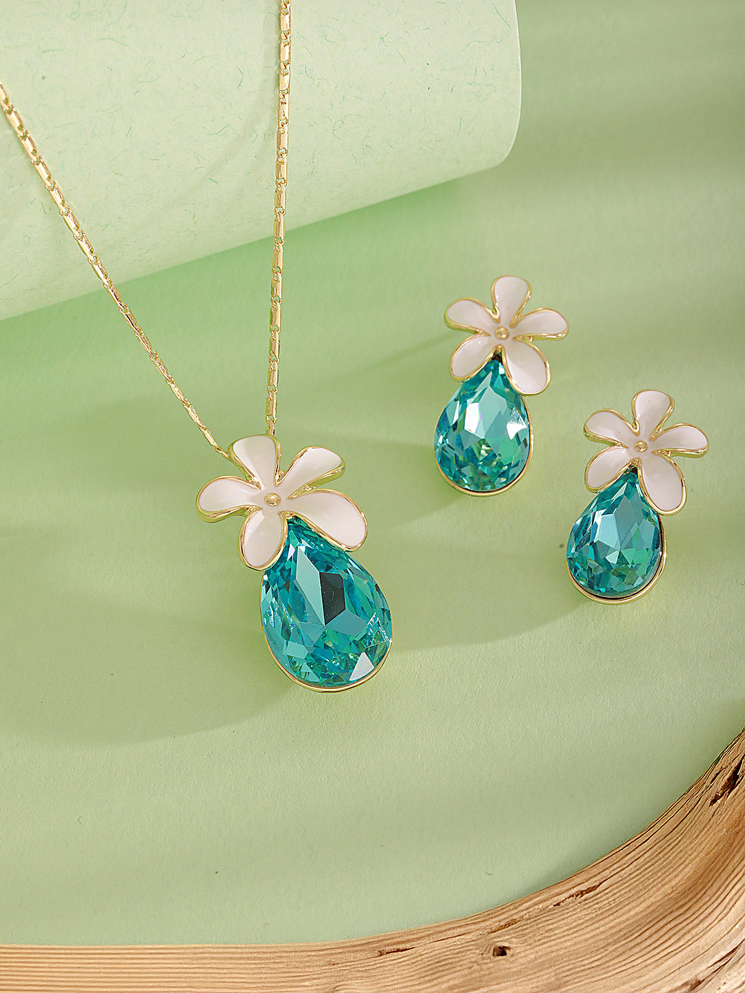 Floral White Enamel & Blue Teardrop Pendant Necklace & Earrings Set
