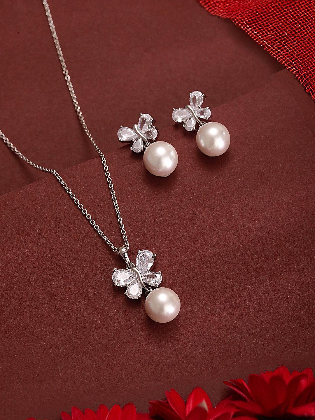 Elegant Pearl & Butterfly Pendant with Matching Earrings