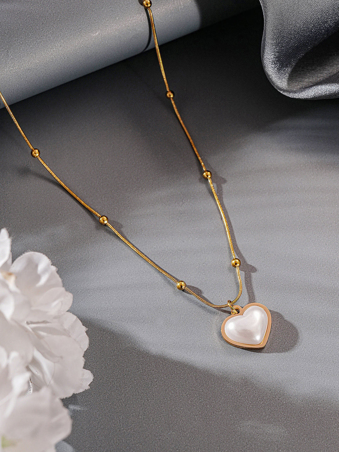 Gold Toned Pearl Beaded Heart Charm Pendant Necklace & Chain