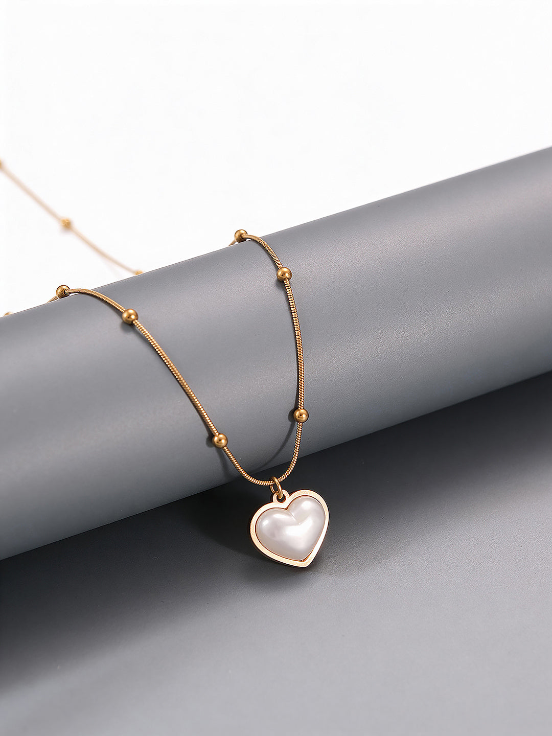 Gold Toned Pearl Beaded Heart Charm Pendant Necklace & Chain