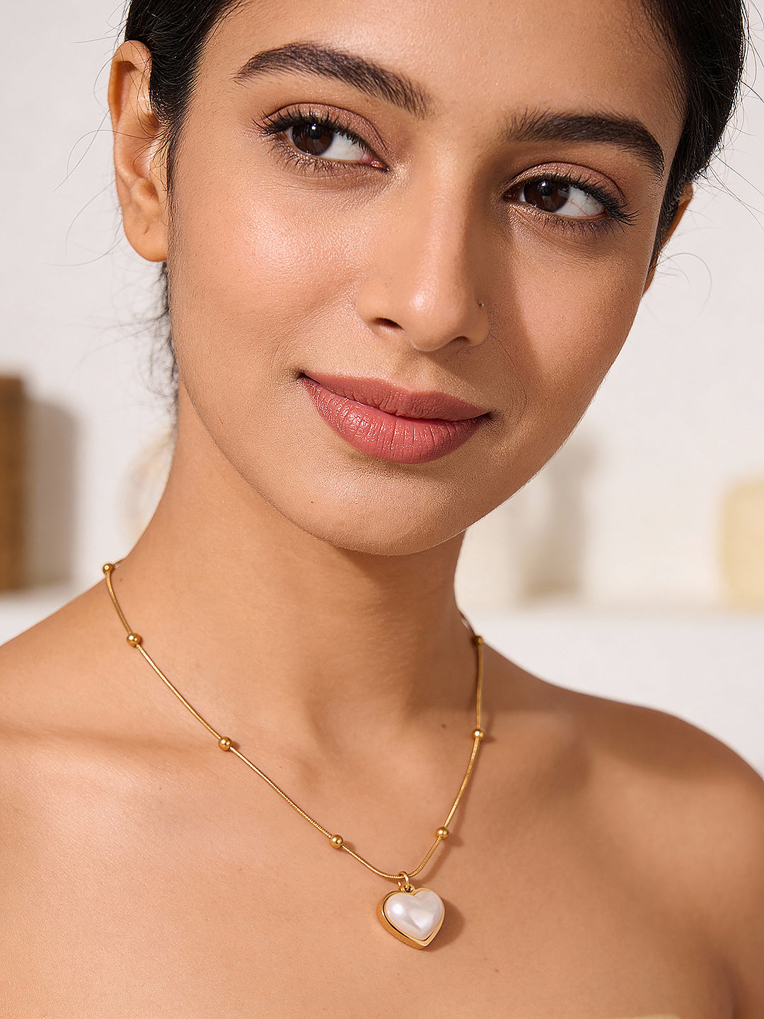 Gold Toned Pearl Beaded Heart Charm Pendant Necklace & Chain