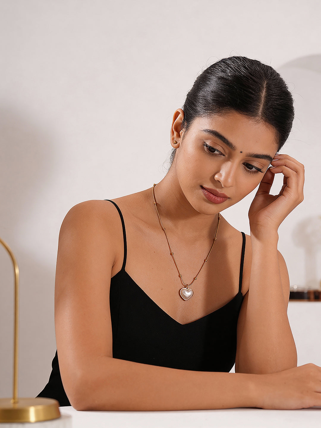 Gold Toned Pearl Beaded Heart Charm Pendant Necklace & Chain