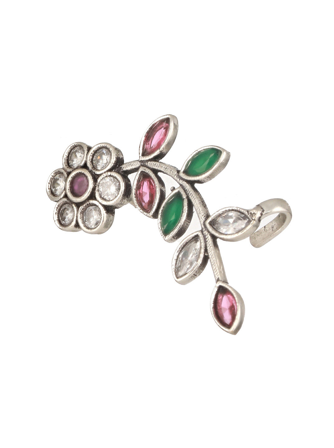 Oxidised Silver Plated Red Stone Studded Floral Ear Cuff Earrings