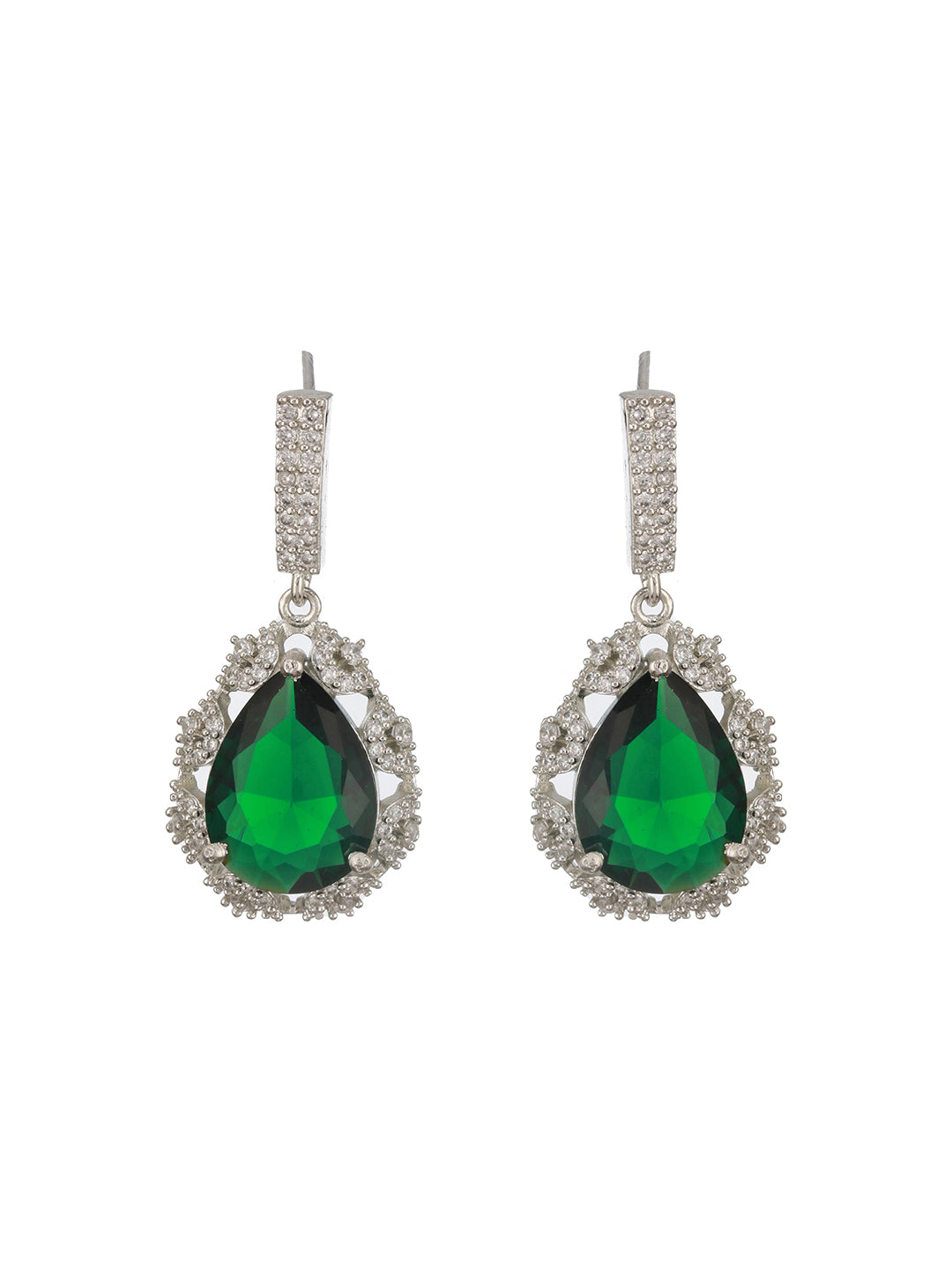 Silver Plated Emerald Green AD Tear Shaped Contemporary  Drop Earrings