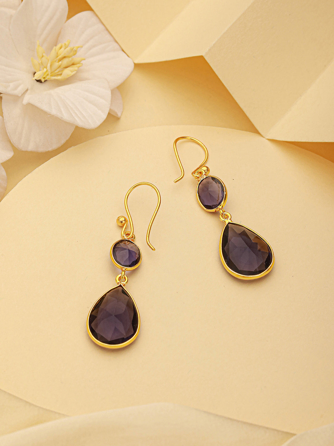 Gold Toned Blue Cyrstal tear drop dangler shaped minimal Earrings