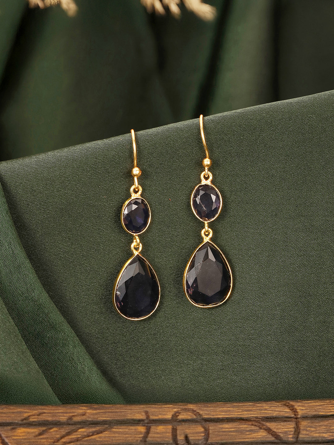 Gold Toned Blue Cyrstal tear drop dangler shaped minimal Earrings