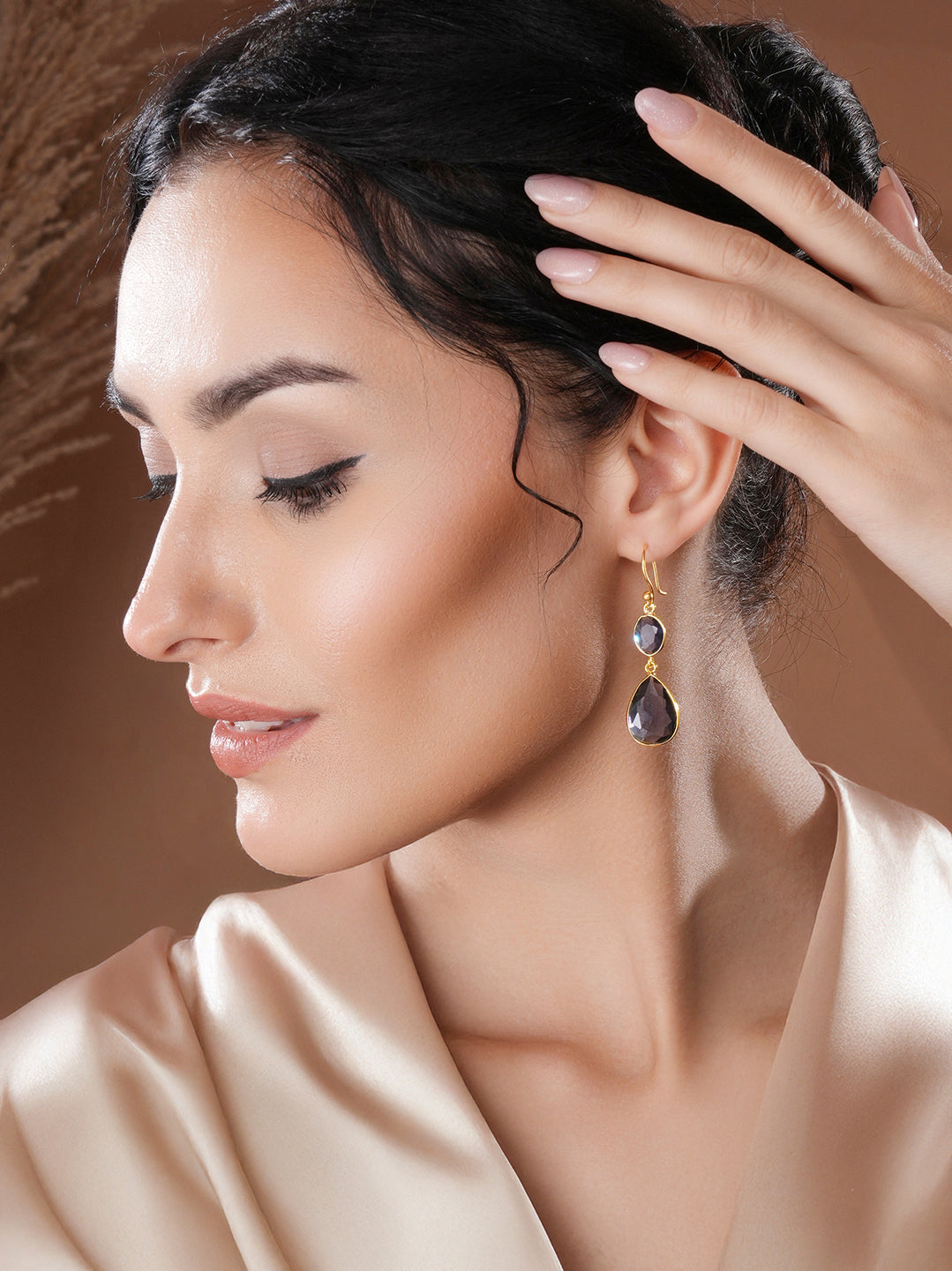 Gold Toned Blue Cyrstal tear drop dangler shaped minimal Earrings